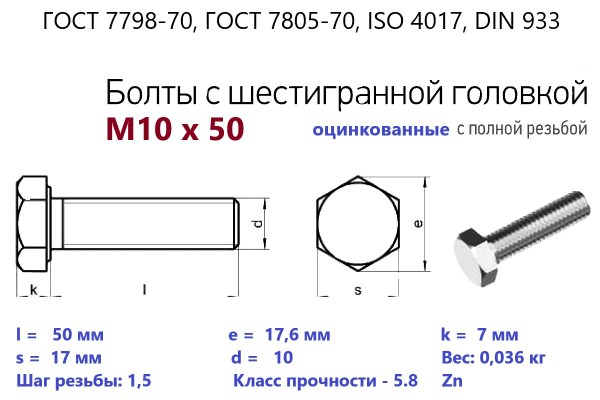 Болт с шестигранной головкой М10х 50*50 (ГОСТ 7798) цинк, полная резьба (кг)