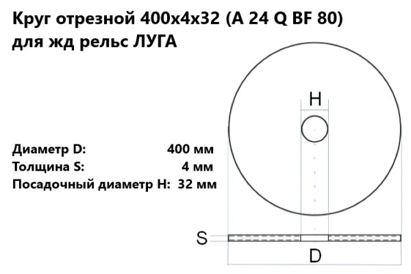 Круг отрезной 400х4х32 для жд рельс ЛУГА (80m/s)