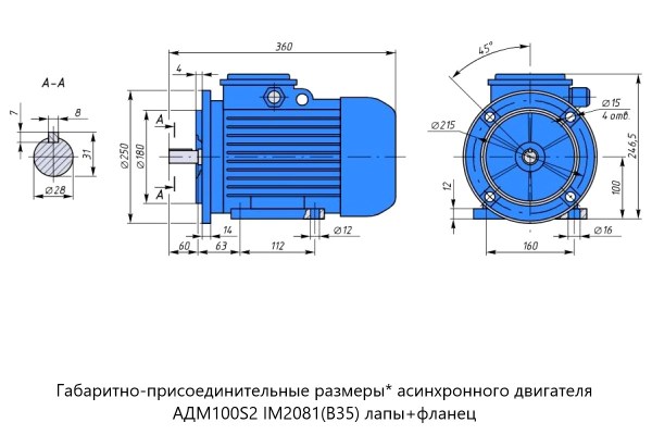 Электродвигатель 4кВт 3000об/мин (трехфазный 220/380В) IM2081 Фланец+лапы АДМ100S2