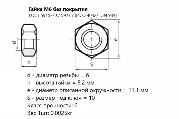 Гайка М 6  без покрытия ГОСТ 5915/ 5927/ DIN 934 (кг)