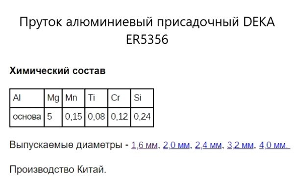 Пруток присадочный алюминиевый ER5356 2,4х1000мм /5кг/DEKA (кг)