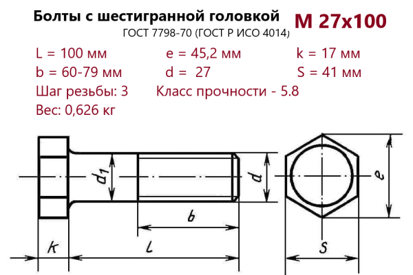 Болт с шестигранной головкой М27х100 (ГОСТ 7798) без покрытия (кг)