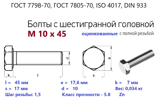 Болт с шестигранной головкой М10х 45*45 (ГОСТ 7798) цинк, полная резьба (кг)