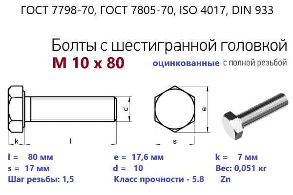 Болт с шестигранной головкой М10х 80*80 (ГОСТ 7798) цинк, полная резьба (кг)