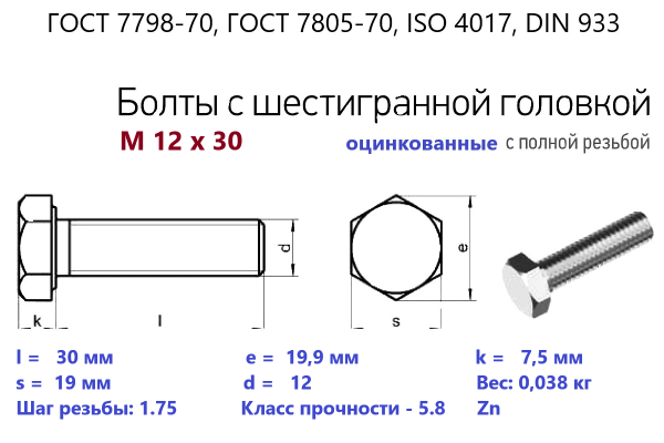 Болт с шестигранной головкой М12х 30*30 (ГОСТ 7798) цинк, полная резьба (кг)