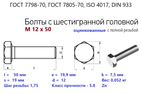 Болт с шестигранной головкой М12х 50*50 (ГОСТ 7798) цинк, полная резьба (кг)