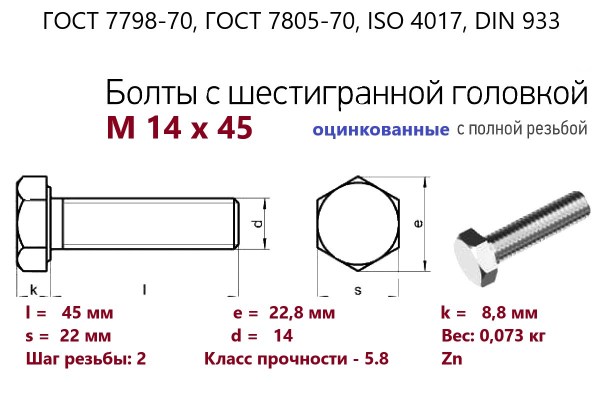 Болт с шестигранной головкой М14х 45*45 (ГОСТ 7798) цинк, полная резьба (кг)