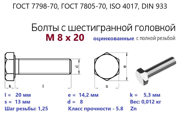 Болт с шестигранной головкой М 8х 20*20 (ГОСТ 7798) цинк, полная резьба (кг)