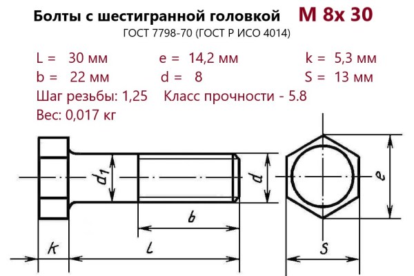 Болт с шестигранной головкой М 8х 30 (ГОСТ 7798) цинк (кг)
