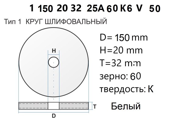 Круг шлифовальный 150х20х32 белый (25А60К6V50) ЛУГА
